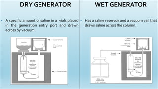 DRY GENERATOR
• A specific amount of saline in a vials placed
in the generation entry port and drawn
across by vacuum.
WET GENERATOR
• Has a saline reservoir and a vacuum vail that
draws saline across the column.
 