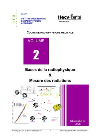 CHUV

             INSTITUT UNIVERSITAIRE
             DE RADIOPHYSIQUE                        FILIERE TRM
             APPLIQUEE



                      COURS DE RADIOPHYSIQUE MEDICALE

                       VOLUME



                               2
                   Bases de la radiophysique
                               &
                     Mesure des radiations




                                                                   DECEMBRE
                                                                     2008

Radiophysique Vol. II - Bases radiophysiques   -1-    IRA / HECVSanté TRM - Décembre 2008
 