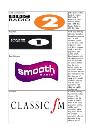 Adult Contemporary BBC Radio 2, BBC
Radio 2 country,
BBC radio 2
Eurovision, heart
London, Magic
105.4 FM, Real
Radio, Redstone
FM, The Wire.
Recurrent Gold, easy listening,
classical, specialist,
from chosen eras, eg
rock “n” roll,
seventies, current.
And the tracks tend
to be more static
with fewer changes
week to week in
popularity, than
current charts.
Easy Listening Easy listening is for
the older generation
who are more into
the classics rather
than the more
current charts, so
this would require
the research into the
type of audience that
likes this sort of
music and it would
regularly come up
with the older
generation with
older and middle
aged people.
Classical Classical is mainly
based on the culture
choice of the
audience and this
culture is mainly
found in the older
generation and the
middle aged
generation and a
very select few of
the younger
generation who are
interested in the
classical era of
 