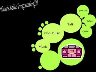 Music Talk Non-Music Songs Jingles What is Radio Programming??? Jock Talk Callers Celebs 