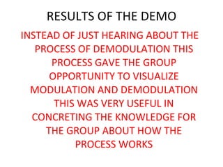 RESULTS OF THE DEMO INSTEAD OF JUST HEARING ABOUT THE PROCESS OF DEMODULATION THIS PROCESS GAVE THE GROUP OPPORTUNITY TO VISUALIZE MODULATION AND DEMODULATION THIS WAS VERY USEFUL IN CONCRETING THE KNOWLEDGE FOR THE GROUP ABOUT HOW THE PROCESS WORKS 