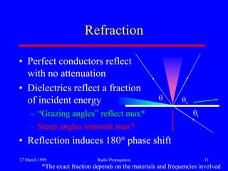17 March 1999 Radio Propagation 11
Refraction
• Perfect conductors reflect
with no attenuation
• Dielectrics reflect a fraction
of incident energy
– “Grazing angles” reflect max*
– Steep angles transmit max*
r
t
• Reflection induces 180 phase shift
*The exact fraction depends on the materials and frequencies involved
 