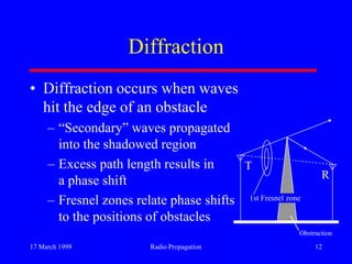 17 March 1999 Radio Propagation 12
Diffraction
• Diffraction occurs when waves
hit the edge of an obstacle
– “Secondary” waves propagated
into the shadowed region
– Excess path length results in
a phase shift
– Fresnel zones relate phase shifts
to the positions of obstacles
T
R
1st Fresnel zone
Obstruction
 