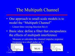 17 March 1999 Radio Propagation 34
The Multipath Channel
• One approach to small-scale models is to
model the “Multipath Channel”
– Linear time-varying function h(t, )
• Basic idea: define a filter that encapsulates
the effects of multipath interference
– Measure or calculate the channel impulse response
(response to a short pulse at fc):
h(t, )
t
 
