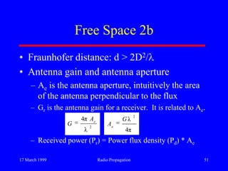 17 March 1999 Radio Propagation 51
Free Space 2b
• Fraunhofer distance: d > 2D2/
• Antenna gain and antenna aperture
– Ae is the antenna aperture, intuitively the area
of the antenna perpendicular to the flux
– Gr is the antenna gain for a receiver. It is related to Ae.
– Received power (Pr) = Power flux density (Pd) * Ae
2
λ
π4 e
A
G
π4
λ
2
G
Ae
 
