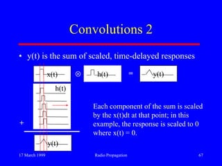 17 March 1999 Radio Propagation 67
y(t)
y(t)
Convolutions 2
• y(t) is the sum of scaled, time-delayed responses
x(t) h(t) =
+
h(t)
Each component of the sum is scaled
by the x(t)dt at that point; in this
example, the response is scaled to 0
where x(t) = 0.
 