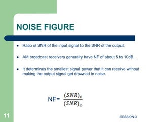 NOISE FIGURE
 Ratio of SNR of the input signal to the SNR of the output.
 AM broadcast receivers generally have NF of about 5 to 10dB.
 It determines the smallest signal power that it can receive without
making the output signal get drowned in noise.
NF=
11 SESSION-3
 
