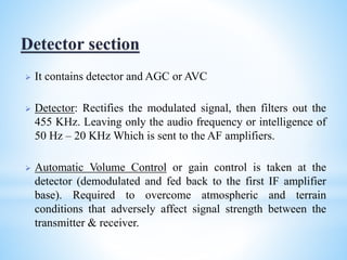  It contains detector and AGC or AVC
 Detector: Rectifies the modulated signal, then filters out the
455 KHz. Leaving only the audio frequency or intelligence of
50 Hz – 20 KHz Which is sent to the AF amplifiers.
 Automatic Volume Control or gain control is taken at the
detector (demodulated and fed back to the first IF amplifier
base). Required to overcome atmospheric and terrain
conditions that adversely affect signal strength between the
transmitter & receiver.
 