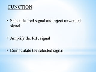 • Select desired signal and reject unwanted
signal
• Amplify the R.F. signal
• Demodulate the selected signal
FUNCTION
 