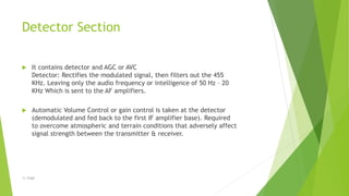 Detector Section
 It contains detector and AGC or AVC
Detector: Rectifies the modulated signal, then filters out the 455
KHz. Leaving only the audio frequency or intelligence of 50 Hz – 20
KHz Which is sent to the AF amplifiers.
 Automatic Volume Control or gain control is taken at the detector
(demodulated and fed back to the first IF amplifier base). Required
to overcome atmospheric and terrain conditions that adversely affect
signal strength between the transmitter & receiver.
-S. Singh
 