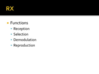  Functions
 Reception
 Selection
 Demodulation
 Reproduction
 