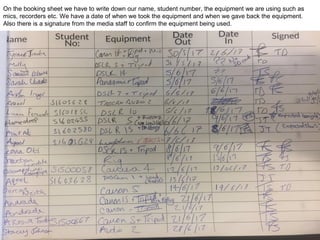 On the booking sheet we have to write down our name, student number, the equipment we are using such as
mics, recorders etc. We have a date of when we took the equipment and when we gave back the equipment.
Also there is a signature from the media staff to confirm the equipment being used.
 
