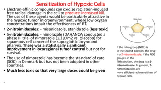 Sensitization of Hypoxic Cells
• Electron-affinic compounds can oxidize radiation-induced
free radical damage in the cell to produce increased kill.
The use of these agents would be particularly attractive in
the hypoxic tumor microenvironment, where low oxygen
concentrations impair the effectiveness of RT.
• 2-nitroimidazoles: - misonidazole, etanidazole (less toxic)
• 5-nitroimidazoles: - nimorazole (DAHANCA conducted a
phase III trial of nimorazole (1.2 g/m2 vs. placebo) for
squamous cell cancer of the supraglottic larynx and
pharynx. There was a statistically significant
improvement in locoregional tumor control but not for
survival.
• The use of nimorazole has become the standard of care
(SOC) in Denmark but has not been adopted in other
countries.
• Much less toxic so that very large doses could be given
.
If the nitro group (NO2) is
in the second position, the drug
is a 2-nitroimidazole. If the NO2
group is in the
fifth position, the drug is a 5-
nitroimidazole. In general, 2-
nitroimidazoles are
more efficient radiosensitizers of
hypoxic cells.
 