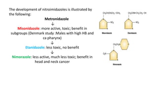 The development of nitroimidazoles is illustrated by
the following:
Metronidazole
↓
Misonidazole: more active, toxic; benefit in
subgroups (Denmark study :Males with high HB and
ca pharynx)
↓
Etanidazole: less toxic, no benefit
↓
Nimorazole: less active, much less toxic; benefit in
head and neck cancer
 