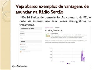 Veja abaixo exemplos de vantagens de
   anunciar na Rádio Sertão
   •    Não há limites de transmissão. Ao contrário da FM, o
       rádio via internet não tem limites demográficos de
       transmissão.




dyb.fm/sertao
                                                           4
 