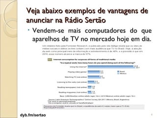 Veja abaixo exemplos de vantagens de
   anunciar na Rádio Sertão
   •   Vendem-se mais computadores do que
       aparelhos de TV no mercado hoje em dia.




dyb.fm/sertao                                6
 