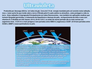 Ultravioleta     Produzida por descarga elétrica  em tubos de gás. Cerca de 5 % da  energia mandada pelo sol consiste nesta radiação, mas a  maior parte Da que incide sobre a terra é filtrada pelo O e pelo ozônio na atmosfera , estes protegem a vida na terra . Estas radiações é impregnada Principalmente em tubos fluorescentes,  mas também em aplicações medicas que incluem lâmpadas germicidas, o tratamento do Raquitismo e doenças de pele,  enriquecimento de leite e ovos com vitamina D. É dividida em três classes: UV-A, UV-B e UV-C. as ondas de menos período são as mais nocivas aos organismo vivos.  A UV-A é a mais perigosa e tem períodos entre 4000 A ( angstrons) e 3150ª. UV-B tem períodos entre 3150A e 2800ª e causa queimaduras na pele.