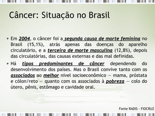 Câncer: Situação no Brasil 
Em 22000044, o câncer foi a sseegguunnddaa ccaauussaa ddee mmoorrttee ffeemmiinniinnaa no 
Brasil (15,1%), atrás apenas das doenças do aparelho 
circulatório, e a tteerrcceeiirraa ddee mmoorrttee mmaassccuulliinnaa (12,8%), depois 
das circulatórias, das causas externas e das mal definidas. 
Há ttiippooss pprreeddoommiinnaanntteess ddee ccâânncceerr dependendo do 
desenvolvimento dos países. Mas o Brasil convive tanto com os 
aassssoocciiaaddooss ao mmeellhhoorr nível socioeconômico — mama, próstata 
e cólon/reto — quanto com os associados à ppoobbrreezzaa — colo do 
útero, pênis, estômago e cavidade oral. 
Fonte RADIS - FIOCRUZ 
 