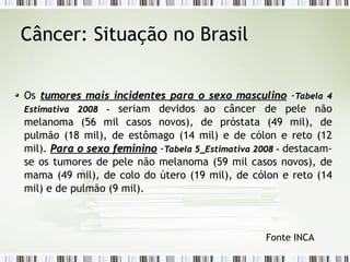 Câncer: Situação no Brasil 
Os tumores mais incidentes para oo sseexxoo mmaassccuulliinnoo -TTaabbeellaa 44 
EEssttiimmaattiivvaa 22000088 -- seriam devidos ao câncer de pele não 
melanoma (56 mil casos novos), de próstata (49 mil), de 
pulmão (18 mil), de estômago (14 mil) e de cólon e reto (12 
mil). PPaarraa oo sseexxoo ffeemmiinniinnoo -TTaabbeellaa 55__EEssttiimmaattiivvaa 22000088 -- destacam-se 
os tumores de pele não melanoma (59 mil casos novos), de 
mama (49 mil), de colo do útero (19 mil), de cólon e reto (14 
mil) e de pulmão (9 mil). 
Fonte INCA 
 