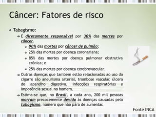 Câncer: Fatores de risco
Tabagismo:
É diretamente responsável por 30% das mortes por
câncer.
90% das mortes por câncer de pulmão;
25% das mortes por doença coronariana;
85% das mortes por doença pulmonar obstrutiva
crônica; e
25% das mortes por doença cerebrovascular.
Outras doenças que também estão relacionadas ao uso do
cigarro são aneurisma arterial, trombose vascular, úlcera
do aparelho digestivo, infecções respiratórias e
impotência sexual no homem.
Estima-se que, no Brasil, a cada ano, 200 mil pessoas
morram precocemente devido às doenças causadas pelo
tabagismo, número que não pára de aumentar.
Fonte INCA
 