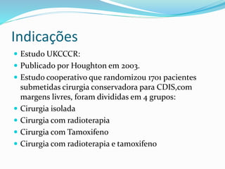 Indicações
 Estudo UKCCCR:
 Publicado por Houghton em 2003.
 Estudo cooperativo que randomizou 1701 pacientes
submetidas cirurgia conservadora para CDIS,com
margens livres, foram divididas em 4 grupos:
 Cirurgia isolada
 Cirurgia com radioterapia
 Cirurgia com Tamoxifeno
 Cirurgia com radioterapia e tamoxifeno
 