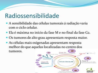 Radiossensibilidade
 A sensibilidade das células tumorais á radiação varia
com o ciclo celular.
 Ela é máxima no início da fase M e no final da fase G2.
 Os tumores de alto grau apresentam resposta maior.
 As células mais oxigenadas apresentam resposta
melhor do que aquelas localizadas no centro dos
tumores.
 