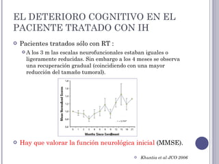 EL DETERIORO COGNITIVO EN EL PACIENTE TRATADO CON IH Pacientes tratados sólo con RT : A los 3 m las escalas neurofuncionales estaban iguales o ligeramente reducidas. Sin embargo a los 4 meses se observa una recuperación gradual (coincidiendo con una mayor reducción del tamaño tumoral).   Hay que valorar la función neurológica inicial  (MMSE). Khuntia et al JCO 2006 