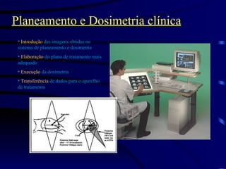 Planeamento e Dosimetria clínica Introdução  das imagens obtidas no sistema de planeamento e dosimetria Elaboração  do plano de tratamento mais adequado Execução  da dosimetria Transferência  de dados para o aparelho de tratamento 
