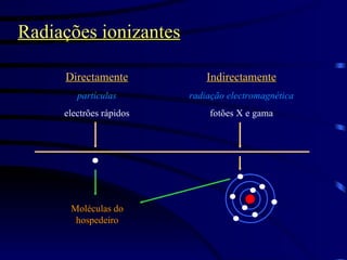 Radiações ionizantes Directamente partículas electrões rápidos Indirectamente radiação electromagnética fotões X e gama Moléculas do hospedeiro 