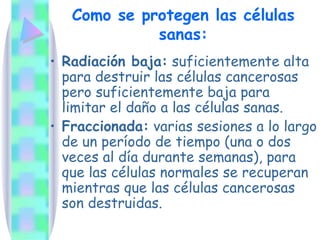 Como se protegen las células sanas: Radiación baja:  suficientemente alta para destruir las células cancerosas pero suficientemente baja para limitar el daño a las células sanas. Fraccionada:  varias sesiones a lo largo de un período de tiempo (una o dos veces al día durante semanas), para que las células normales se recuperan mientras que las células cancerosas son destruidas. 