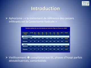 Introduction
 Aphorisme : « le traitement de référence des cancers
infiltrants est la Cystectomie Radicale »
 Vieillissement  compliance aux ttt, phases d’hospi parfois
déstabilisatrices, comorbidités
 