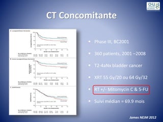 CT Concomitante
 Phase III, BC2001
 360 patients, 2001 –2008
 T2-4aNx bladder cancer
 XRT 55 Gy/20 ou 64 Gy/32
 RT +/- Mitomycin C & 5-FU
 Suivi médian = 69.9 mois
James NEJM 2012
 