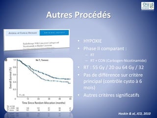 Autres Procédés
• HYPOXIE
• Phase II comparant :
– RT
– RT + CON (Carbogen-Nicotinamide)
• RT : 55 Gy / 20 ou 64 Gy / 32
• Pas de différence sur critère
principal (contrôle cysto à 6
mois)
• Autres critères significatifs
Hoskin & al, JCO, 2010
 