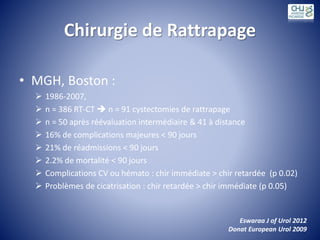 Chirurgie de Rattrapage
• MGH, Boston :
 1986-2007,
 n = 386 RT-CT  n = 91 cystectomies de rattrapage
 n = 50 après réévaluation intermédiaire & 41 à distance
 16% de complications majeures < 90 jours
 21% de réadmissions < 90 jours
 2.2% de mortalité < 90 jours
 Complications CV ou hémato : chir immédiate > chir retardée (p 0.02)
 Problèmes de cicatrisation : chir retardée > chir immédiate (p 0.05)
Eswaraa J of Urol 2012
Donat European Urol 2009
 