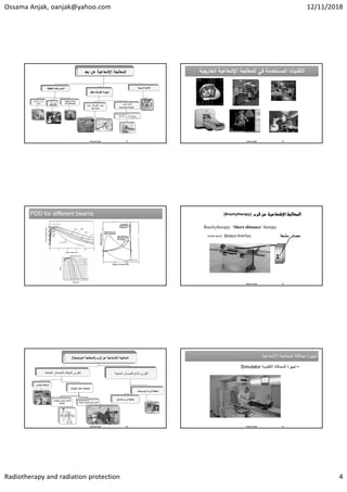 Ossama Anjak, oanjak@yahoo.com 12/11/2018
Radiotherapy and radiation protection 4
‫ﻌد‬ ‫ﻋ‬ ‫ﺔ‬ ‫اﻹﺷﻌﺎﻋ‬ ‫ﺔ‬ ‫ﻌﺎﻟ‬ ‫اﻟ‬
‫ﺍﻟﺧﻁﻳﺔ‬ ‫ﺍﻟﻣﺳﺭﻋﺎﺕ‬
‫ﺍﻟﺧﻁﻲ‬ ‫ﺍﻟﻣﺳﺭﻉ‬
Linac ‫ﻧﺎﻳﻑ‬ ‫ﺍﻟﺳﻭﺑﺭ‬
Cyberknife
‫ﺍﻟﻣﻘﻁﻌﻳﺔ‬ ‫ﺍﻟﻣﻌﺎﻟﺟﺔ‬
Tomotherapy
‫ﺍﻟﻛﻭﺑﺎﻟﺕ‬ ‫ﺃﺟﻬﺯﺓ‬
-
60
‫ﺍﻟﻛﻭﺑﺎﻟﺕ‬ ‫ﺟﻬﺎﺯ‬
Co‐
60 Unit
‫ﻧﺎﻳﻑ‬ ‫ﺍﻟﻐﺎﻣﺎ‬
Gamma‐Knife 
‫ﺍﻟﺩﻣﺎﻍ‬ ‫ﺃﻭﺭﺍﻡ‬ ‫ﻣﻌﺎﻟﺟﺔ‬
‫ﺍﻟﺳﻳﻧﻳﺔ‬ ‫ﺍﻷﺷﻌﺔ‬
19
Ossama Anjak
‫اﻟ‬ ‫ﺎت‬ ‫ﻘ‬ ‫اﻟ‬
‫دﻣﺔ‬
‫اﻟ‬ ‫ﻓﻲ‬
‫ﺔ‬ ‫ﻌﺎﻟ‬
‫ﺔ‬ ‫اﻹﺷﻌﺎﻋ‬
‫اﻟ‬
‫ﺔ‬ ‫ﺎرﺟ‬ ‫اﻟ‬ ‫ﺎت‬ ‫ﻘ‬ ‫اﻟ‬
‫دﻣﺔ‬
‫اﻟ‬ ‫ﻓﻲ‬
‫ﺔ‬ ‫ﻌﺎﻟ‬
‫ﺔ‬ ‫اﻹﺷﻌﺎﻋ‬
‫اﻟ‬
‫ﺔ‬ ‫ﺎرﺟ‬
Osama Anjak 20
PDD for different beams
PDD for different beams
Ossama Anjak 22


(Brachytherapy)
Brachytherapy: ‘Short distance’ therapy
‫ﻣﺸﻌﺔ‬ ‫ﻣﺼﺎﺩﺭ‬
‫ﻗﺛﻁﺭﺓ‬
Greek word: βραχυς brachys,
‫ﻋﻥ‬ ‫ﺍﻹﺷﻌﺎﻋﻳﺔ‬ ‫ﺍﻟﻣﻌﺎﻟﺟﺔ‬
‫ﻗﺭﺏ‬
)
‫ﺍﻟﻣﻌﺎﻟﺟﺔ‬
‫ﺍﻟﻣﻭﺿﻌﻳﺔ‬
(
‫ﺍﻟﻣﺷﻌﺔ‬ ‫ﻟﻠﻣﺻﺎﺩﺭ‬ ‫ﺍﻟﻣﺅﻗﺕ‬ ‫ﺍﻟﻐﺭﺱ‬
‫ﺑﺎﻟﺗﻣﺎﺱ‬ ‫ﺍﻟﻣﻌﺎﻟﺟﺔ‬
‫ﺍﻷﺟﻭﺍﻑ‬ ‫ﺩﺍﺧﻝ‬ ‫ﺍﻟﻣﻌﺎﻟﺟﺔ‬
‫ﻟﻠﻣﺻﺎﺩ‬ ‫ﺍﻟﻳﺩﻭﻱ‬ ‫ﺍﻟﺷﺣﻥ‬
‫ﺭ‬
‫ﺍﻟﻣﺷﻌﺔ‬ ‫ﺍﻟﻣﺷﻌﺔ‬ ‫ﻟﻠﻣﺻﺎﺩﺭ‬ ‫ﺍﻵﻟﻲ‬ ‫ﺍﻟﺷﺣﻥ‬
‫ﺍﻟﻣﺷﻌﺔ‬ ‫ﻟﻠﻣﺻﺎﺩﺭ‬ ‫ﺍﻟﺩﺍﺋﻡ‬ ‫ﺍﻟﻐﺭﺱ‬
‫ﺍﻟﺩﻣﺎﻍ‬ ‫ﺃﻭﺭﺍﻡ‬ ‫ﻣﻌﺎﻟﺟﺔ‬
‫ﺍﻟﺑﺭﻭﺳﺗﺎﺕ‬ ‫ﺃﻭﺭﺍﻡ‬ ‫ﻣﻌﺎﻟﺟﺔ‬
23
Ossama Anjak
‫ﺍﻹﺷﻌﺎﻋﻳﺔ‬ ‫ﺍﻟﻣﻌﺎﻟﺟﺔ‬ ‫ﻣﺣﺎﻛﺎﺓ‬ ‫ﺃﺟﻬﺯﺓ‬
‫ﺍﻹﺷﻌﺎﻋﻳﺔ‬ ‫ﺍﻟﻣﻌﺎﻟﺟﺔ‬ ‫ﻣﺣﺎﻛﺎﺓ‬ ‫ﺃﺟﻬﺯﺓ‬
•
‫ﺍﻟﺗﻘﻠﻳﺩﻳﺔ‬ ‫ﺍﻟﻣﺣﺎﻛﺎﺓ‬ ‫ﺃﺟﻬﺯﺓ‬
Simulator
24
Ossama Anjak
 