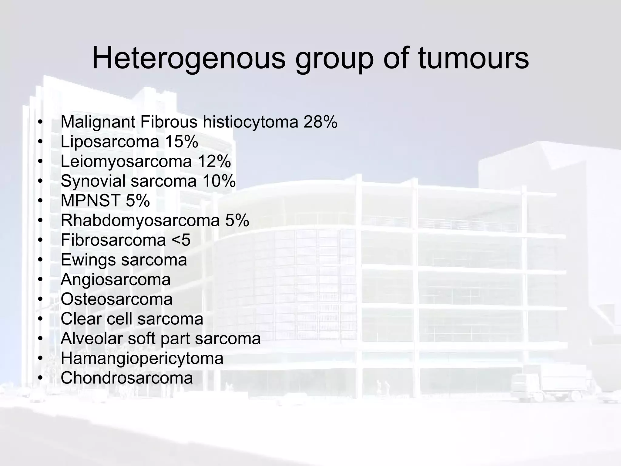 Heterogenous group of tumours Malignant Fibrous histiocytoma 28% Liposarcoma 15% Leiomyosarcoma 12% Synovial sarcoma 10% MPNST 5% Rhabdomyosarcoma 5% Fibrosarcoma <5 Ewings sarcoma  Angiosarcoma Osteosarcoma Clear cell sarcoma Alveolar soft part sarcoma Hamangiopericytoma Chondrosarcoma 