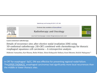 In CRT for esophageal SqCC, ENI was effective for preventing regional nodal failure.
TheUPPER THORACIC esophageal carcinomas had significantly more local recurrences than
the middle or lower thoracic sites.
 