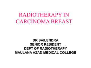 RADIOTHERAPY IN
CARCINOMA BREAST
DR SAILENDRA
SENIOR RESIDENT
DEPT OF RADIOTHERAPY
MAULANA AZAD MEDICAL COLLEGE
 
