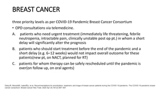 BREAST CANCER
three priority levels as per COVID-19 Pandemic Breast Cancer Consortium
• OPD consultations via telemedicine.
A. patients who need urgent treatment (immediately life threatening, febrile
neutropenia, intractable pain, clinically unstable post op pt.) in whom a short
delay will significantly alter the prognosis
B. patients who should start treatment before the end of the pandemic and a
short delay (e.g. 6–12 weeks) would not impact overall outcome for these
patients(new pt, on NACT, planned for RT)
C. patients for whom therapy can be safely rescheduled until the pandemic is
over(on follow up, on oral agents)
DietzJR, MoranMS, IsakoffSJ, et al. Recommendations for prioritization, treatment, and triage of breast cancer patients during the COVID-19 pandemic. The COVID-19 pandemic breast
cancer consortium. Breast Cancer Res Treat. 2020 Apr 24;181(3):487–497
 
