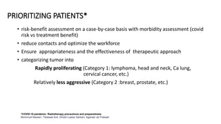PRIORITIZING PATIENTS*
• risk-benefit assessment on a case-by-case basis with morbidity assessment (covid
risk vs treatment benefit)
• reduce contacts and optimize the workforce
• Ensure appropriateness and the effectiveness of therapeutic approach
• categorizing tumor into
Rapidly proliferating (Category 1: lymphoma, head and neck, Ca lung,
cervical cancer, etc.)
Relatively less aggressive (Category 2 :breast, prostate, etc.)
*COVID-19 pandemic: Radiotherapy precautions and preparedness
Mummudi Naveen, Tibdewal Anil, Ghosh-Laskar Sarbani, Agarwal Jai Prakash
 
