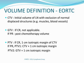 VOLUME DEFINITION - EORTC
 CTV : Initial volume of LN with exclusion of normal
displaced structures (e.g. muscles, blood vessels)
 GTV : If CR, not applicable.
If PR : post chemotherapy volume
 PTV : If CR, 1 cm isotropic margin of CTV
If PR, PTV1: CTV + 1 cm isotropic margin
PTV2: GTV + 1 cm isotropic margin
EORTC- GELA Lymphoma Group
 