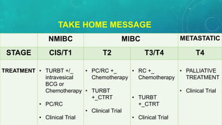 TAKE HOME MESSAGE
NMIBC MIBC METASTATIC
STAGE CIS/T1 T2 T3/T4 T4
TREATMENT • TURBT +/_
intravesical
BCG or
Chemotherapy
• PC/RC
• Clinical Trial
• PC/RC +_
Chemotherapy
• TURBT
+_CTRT
• Clinical Trial
• RC +_
Chemotherapy
• TURBT
+_CTRT
• Clinical Trial
• PALLIATIVE
TREATMENT
• Clinical Trial
 
