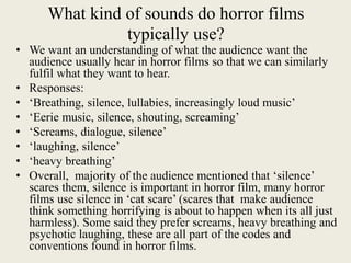 What kind of sounds do horror films
typically use?
• We want an understanding of what the audience want the
audience usually hear in horror films so that we can similarly
fulfil what they want to hear.
• Responses:
• ‘Breathing, silence, lullabies, increasingly loud music’
• ‘Eerie music, silence, shouting, screaming’
• ‘Screams, dialogue, silence’
• ‘laughing, silence’
• ‘heavy breathing’
• Overall, majority of the audience mentioned that ‘silence’
scares them, silence is important in horror film, many horror
films use silence in ‘cat scare’ (scares that make audience
think something horrifying is about to happen when its all just
harmless). Some said they prefer screams, heavy breathing and
psychotic laughing, these are all part of the codes and
conventions found in horror films.
 