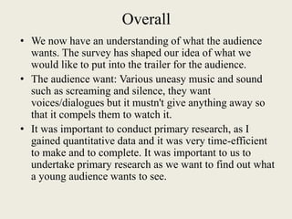 Overall
• We now have an understanding of what the audience
wants. The survey has shaped our idea of what we
would like to put into the trailer for the audience.
• The audience want: Various uneasy music and sound
such as screaming and silence, they want
voices/dialogues but it mustn't give anything away so
that it compels them to watch it.
• It was important to conduct primary research, as I
gained quantitative data and it was very time-efficient
to make and to complete. It was important to us to
undertake primary research as we want to find out what
a young audience wants to see.
 