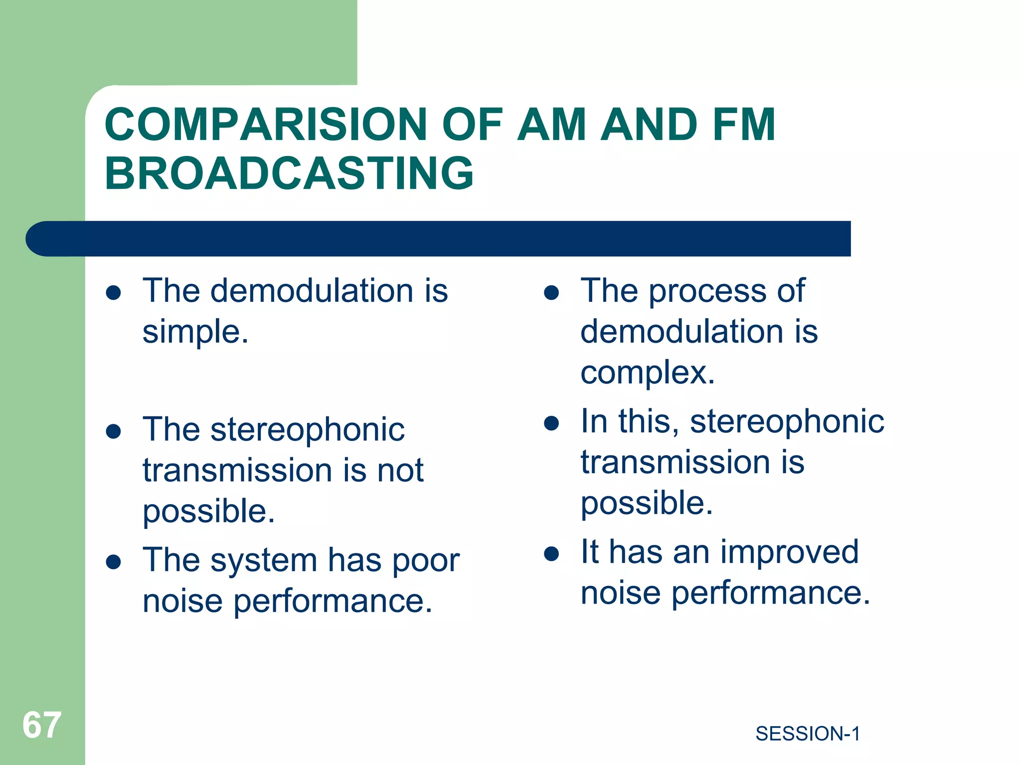 COMPARISION OF AM AND FM
BROADCASTING
 The demodulation is
simple.
 The stereophonic
transmission is not
possible.
 The system has poor
noise performance.
 The process of
demodulation is
complex.
 In this, stereophonic
transmission is
possible.
 It has an improved
noise performance.
67 SESSION-1
 