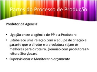 Partes	
  do	
  Processo	
  de	
  Produção	
  

Produtor	
  da	
  Agencia	
  
	
  
•  Ligação	
  entre	
  a	
  agência	
  de	
  PP	
  e	
  a	
  Produtora	
  
•  Estabelece	
  uma	
  relação	
  com	
  a	
  equipe	
  de	
  criação	
  e	
  
     garante	
  que	
  o	
  diretor	
  e	
  a	
  produtora	
  sejam	
  os	
  
     melhores	
  para	
  o	
  roteiro.	
  (reuniao	
  com	
  produtoras	
  >	
  
     leitura	
  Storyboard	
  
•  Supervisionar	
  e	
  Monitorar	
  o	
  orçamento	
  
 