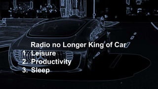 Your Content Is Its Marketing
Have A Great Story
Have A North Star
3rd Guideline
Radio no Longer King of Car
1. Leisure
2. Productivity
3. Sleep
 