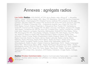 Annexes : agrégats radios
Les Indés Radios : 100 RADIO, 47 FM, Activ Radio, Ado, Africa N°1, Alouette,
Alpes 1, Alpes 1 Rh...