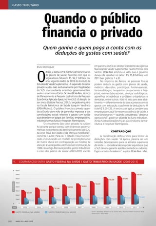 Radis 131 • ago / 2013[22]
Bruno Dominguez
O
Brasil já soma 47,9 milhões de beneﬁciários
de planos de saúde, fazendo com que as
seguradoras faturem R$ 92,7 bilhões por
ano, segundo dados de 2012 do Instituto de
Estudos de Saúde Suplementar. A expansão do setor
privado se deu não exclusivamente por fragilidades
do SUS, mas mediante incentivos governamentais,
avalia o economista Carlos Octávio Ocké-Reis, técnico
de Planejamento e Pesquisa do Instituto de Pesquisa
Econômica Aplicada (Ipea), no livro SUS: O desaﬁo de
ser único (Editora Fiocruz, 2012), lançado em junho
na Escola Politécnica de Saúde Joaquim Venâncio
(EPSJV/Fiocruz). O público ﬁnancia o privado quan-
do o Estado abre mão de parte dos impostos e das
contribuições sociais relativos a gastos com saúde
que deveriam ser pagos por famílias, empregadores,
indústria farmacêutica e hospitais ﬁlantrópicos.
“O crescimento [do setor privado na saúde]
foi gritante porque contou com incentivos governa-
mentais no contexto do desﬁnanciamento do SUS,
da crise ﬁscal do Estado e da ofensiva neoliberal”,
comenta o autor. Para ele, o Estado criou esse mer-
cado, estruturando um modelo de proteção social
de matriz liberal em contraposição ao modelo de
atenção à saúde pública deﬁnido na Constituição de
1988. No artigo Mensuração dos gastos tributários:
o caso dos planos de saúde (2003-2011), escrito
em parceria com o ex-diretor-presidente da Agência
Nacional de Saúde Suplementar Fausto Pereira dos
Santos, Ocké-Reis estimou o valor que o governo
deixou de recolher no setor: R$ 15,8 bilhões, em
2011 (ver gráﬁcos 1 e 2).
No Imposto de Renda, as pessoas físicas
podem deduzir os gastos com planos de saúde,
médicos, dentistas, psicólogos, ﬁsioterapeutas,
fonoaudiólogos, terapeutas ocupacionais e hos-
pitais, exames laboratoriais, serviços radiológicos,
aparelhos ortopédicos e próteses ortopédicas e
dentárias, entre outros. Não há teto para esse aba-
timento — diferentemente do que acontece com os
gastos com educação, cujo limite de dedução no IR
é de R$ 3.091,35. A renúncia se aplica também aos
empregadores que fornecem assistência de saúde a
seus funcionários — quando considerada “despesa
operacional”, pode ser abatida do lucro tributável.
Ainda há desonerações ﬁscais para indústria farma-
cêutica e hospitais ﬁlantrópicos.
CONTRADIÇÃO
A Constituição deﬁniu tetos para limitar as
deduções com saúde. “À época, parecia ser um
subsídio desnecessário para os estratos superiores
de renda — considerando seu poder aquisitivo e que
o SUS deveria garantir assistência médica e odonto-
lógica a todos brasileiros”, explica Ocké-Reis. Mas,
Quando o público
financia o privado
Quem ganha e quem paga a conta com as
deduções de gastos com saúde?
GASTO TRIBUTÁRIO
 