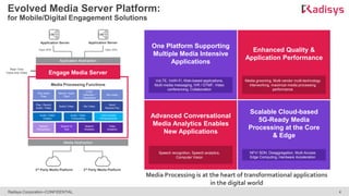 4
Radisys Corporation–CONFIDENTIAL
Evolved Media Server Platform:
for Mobile/Digital Engagement Solutions
One Platform Supporting
Multiple Media Intensive
Applications
VoLTE, VoWi-Fi, Web-based applications,
Multi-media messaging, IVR / DTMF, Video
conferencing, Collaboration
Enhanced Quality &
Application Performance
Advanced Conversational
Media Analytics Enables
New Applications
Scalable Cloud-based
5G-Ready Media
Processing at the Core
& Edge
Media grooming, Multi-vendor multi-technology
interworking, maximize media processing
performance
Speech recognition, Speech analytics,
Computer Vision
NFV/ SDN, Disaggregation, Multi-Access
Edge Computing, Hardware Acceleration
Real Time
Voice and Video
Media Processing Functions
Play Audio
Files
Record Audio
Files
DTMF
Detection /
Generation
Mix Audio
Play / Record
Audio / Video
Switch Video Mix Video
Send/
Receive Fax
Engage Media Server
Application Abstraction
Media Abstraction
Speech
Recognition
Speech to
Text
Speech
Analytics
Video
Analytics
Application Server
Open APIs
Application Server
Open APIs
3rd Party Media Platform 3rd Party Media Platform
Audio / Video
Codecs
Audio / Video
Transcoding
Voice Quality
Enhancements
Media Processing is at the heart of transformational applications
in the digital world
 